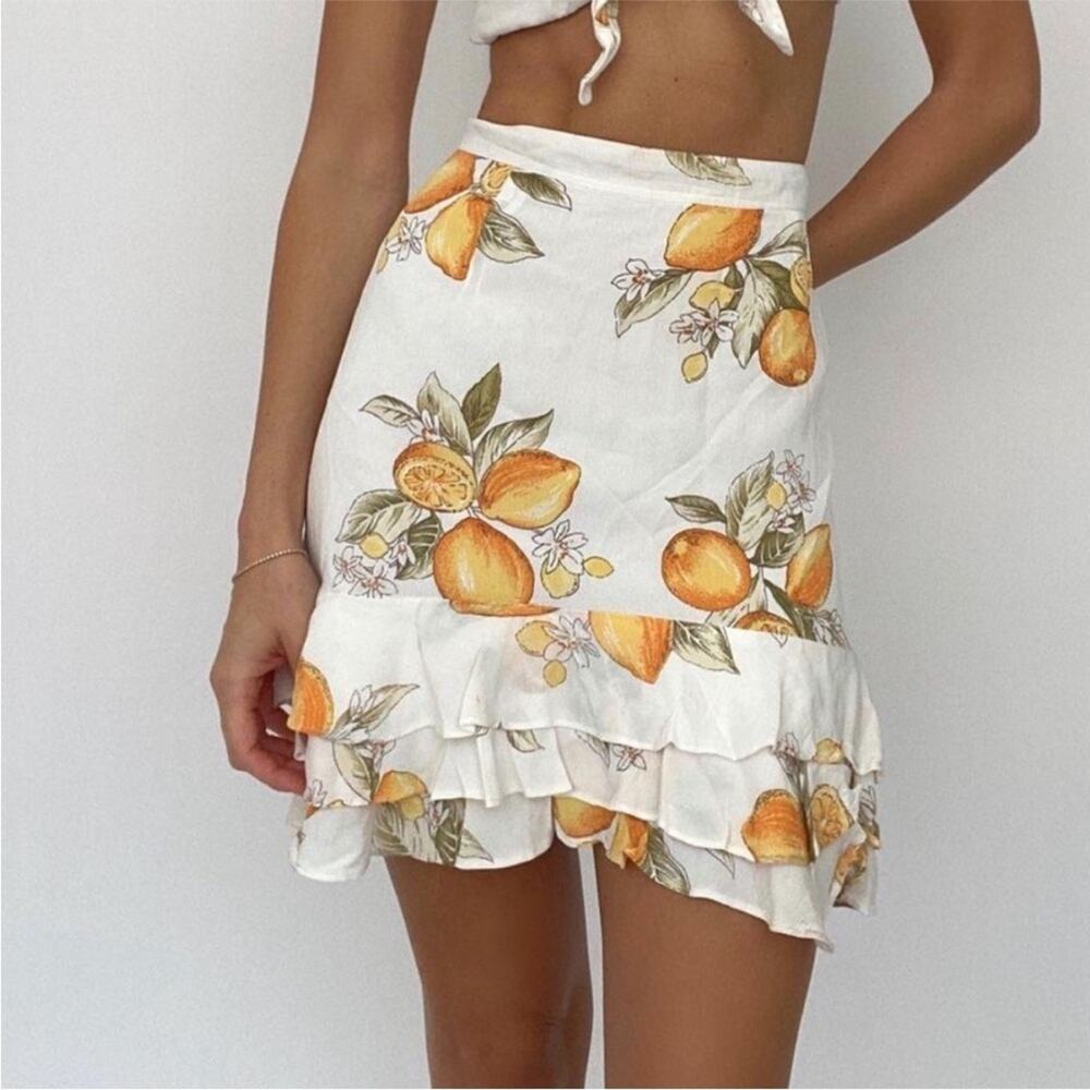 For Love & Lemons White Limonada Citrus Lemon Print Ruffle Mini Skirt Women's XS